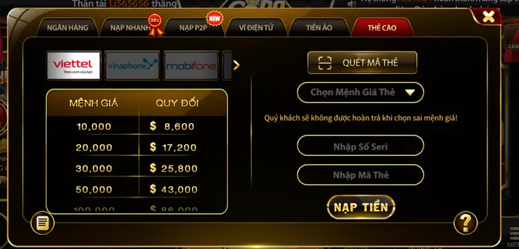Nạp tiền thẻ cào an toàn bảo mật - hỗ trợ mọi nhà mạng.