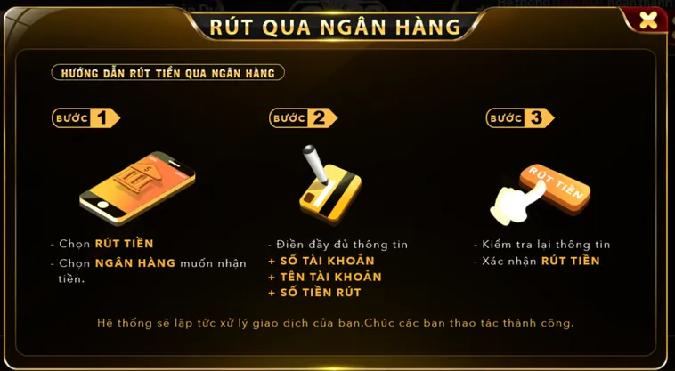 Quy trình chuẩn rút tiền bằng tài khoản ngân hàng.